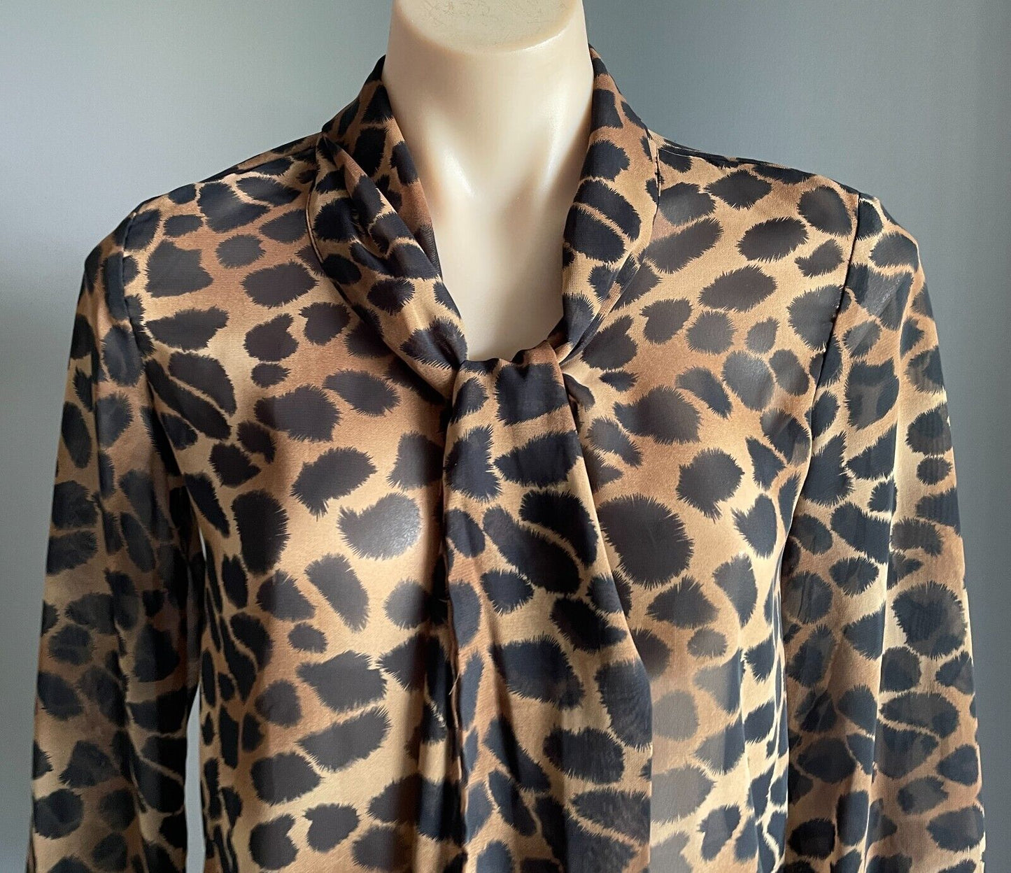 SUPRE Top Tie Neck Blouse Black & Brown Semi Sheer Long Sleeve Size XS 10 NEW