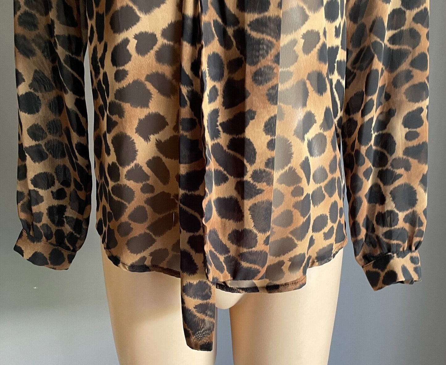 SUPRE Top Tie Neck Blouse Black & Brown Semi Sheer Long Sleeve Size XS 10 NEW