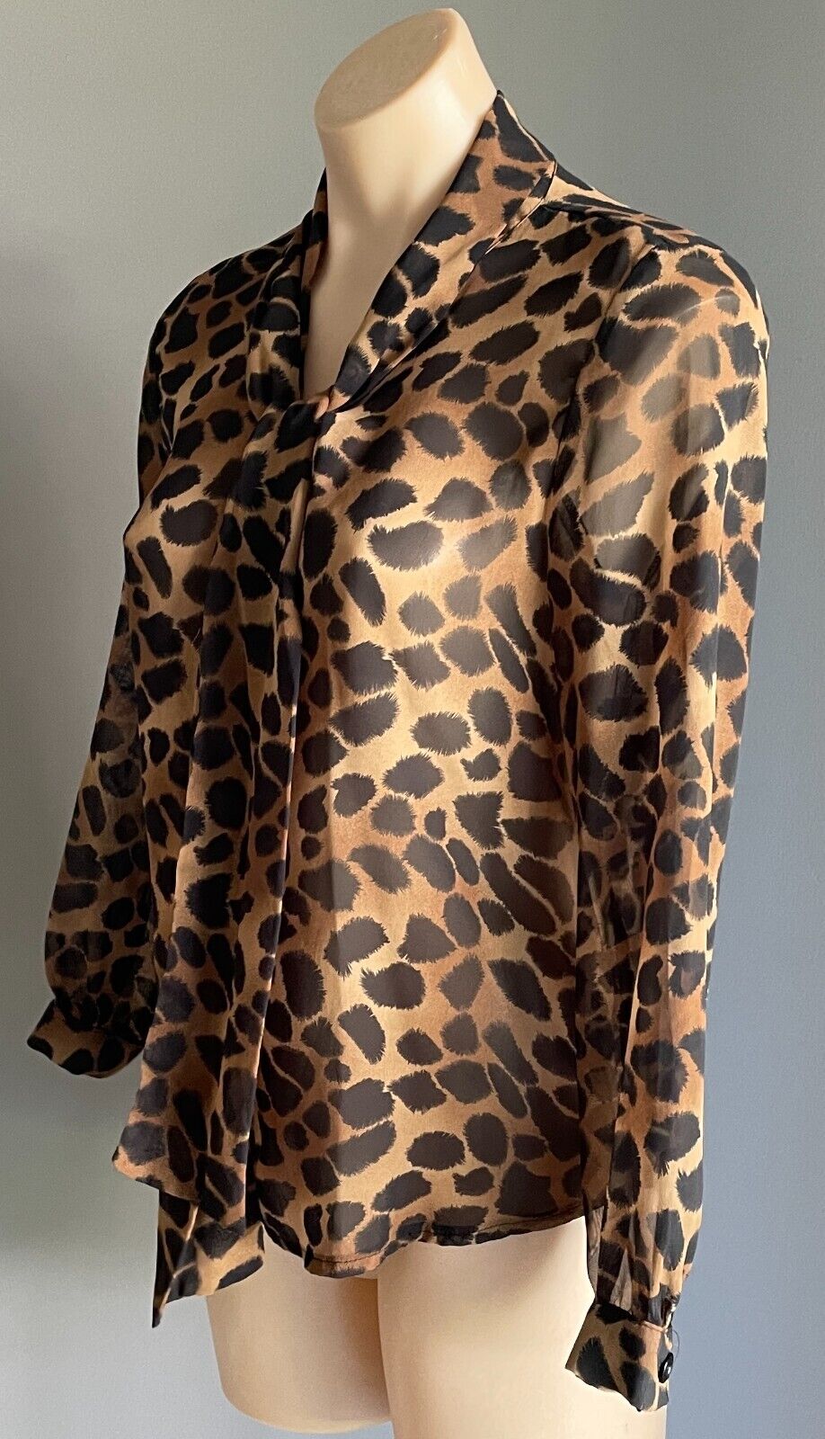 SUPRE Top Tie Neck Blouse Black & Brown Semi Sheer Long Sleeve Size XS 10 NEW