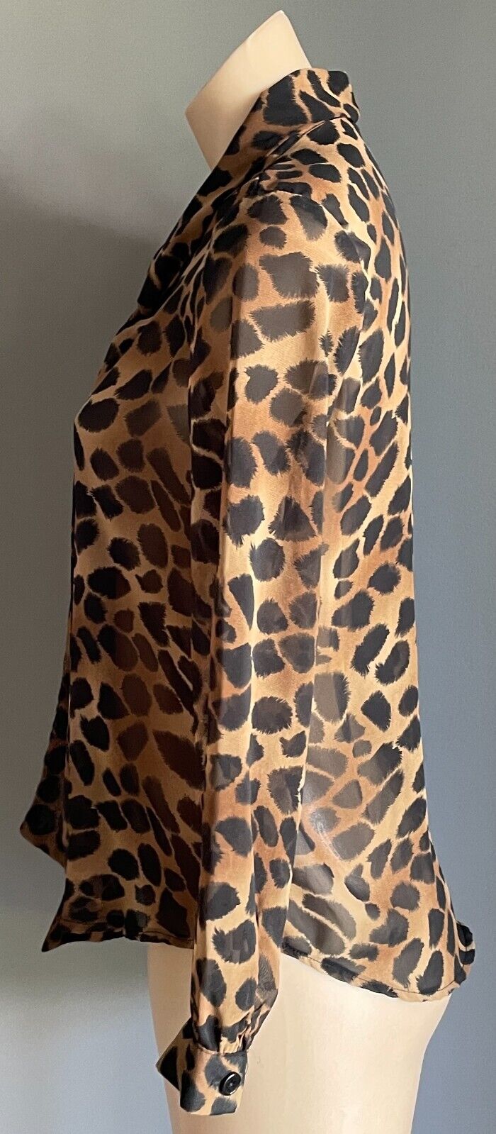 SUPRE Top Tie Neck Blouse Black & Brown Semi Sheer Long Sleeve Size XS 10 NEW