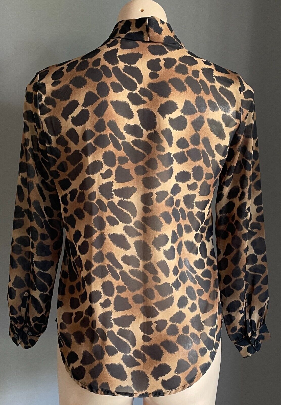 SUPRE Top Tie Neck Blouse Black & Brown Semi Sheer Long Sleeve Size XS 10 NEW