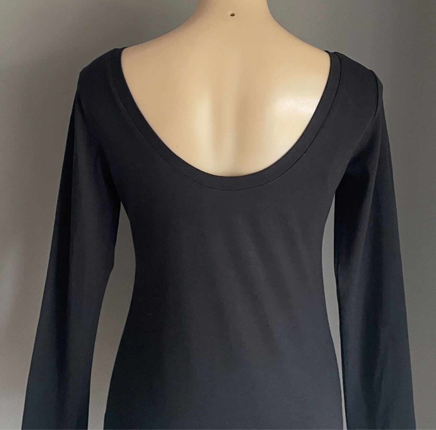 SUPRE Bodycon Mini Dress Black Scoop Neck and Back Size L Stretch Long Sleeves