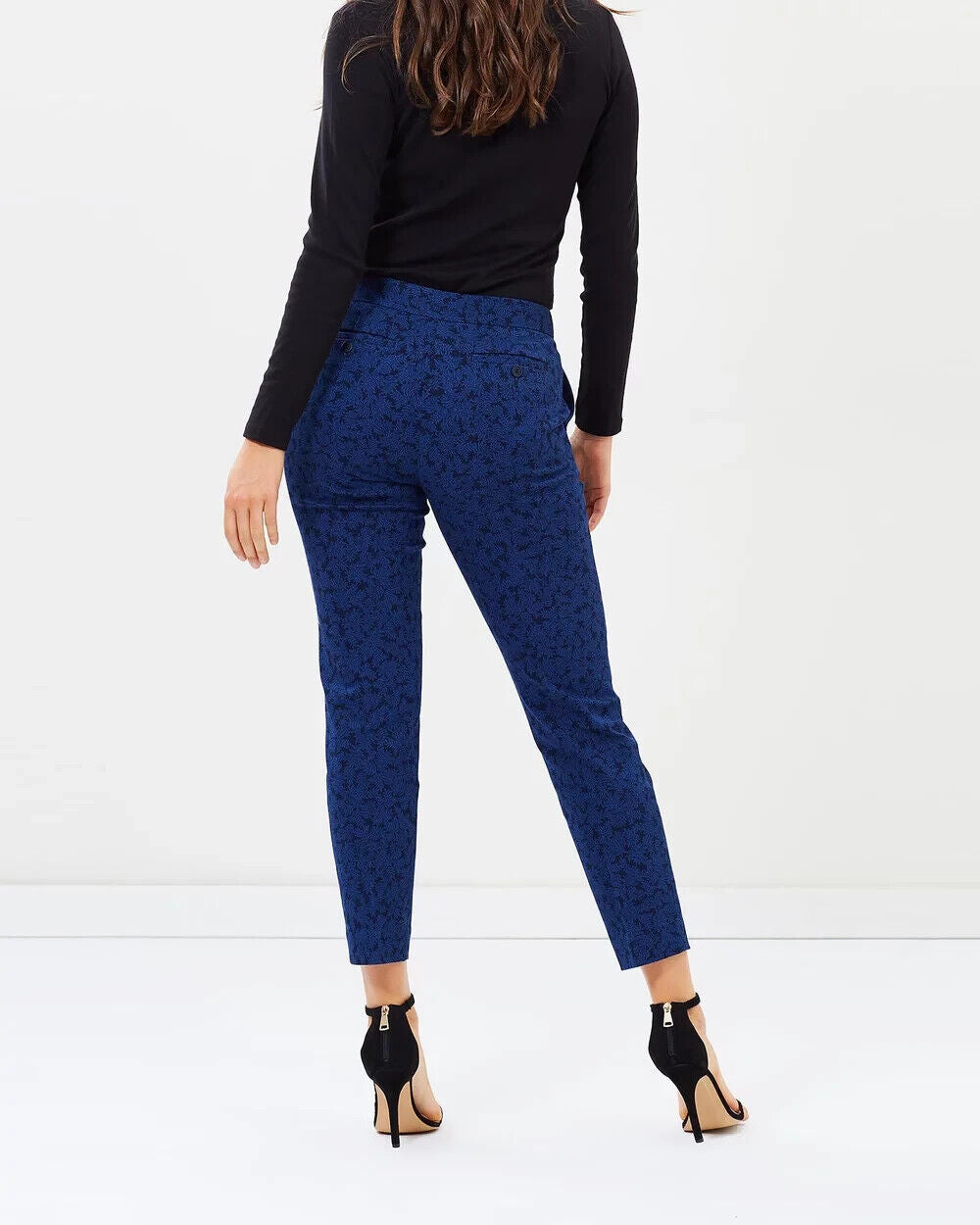 SPORTSCRAFT Dallas Self Print Pants Navy & Blue Leaf Print Size 14 Tailored Fit
