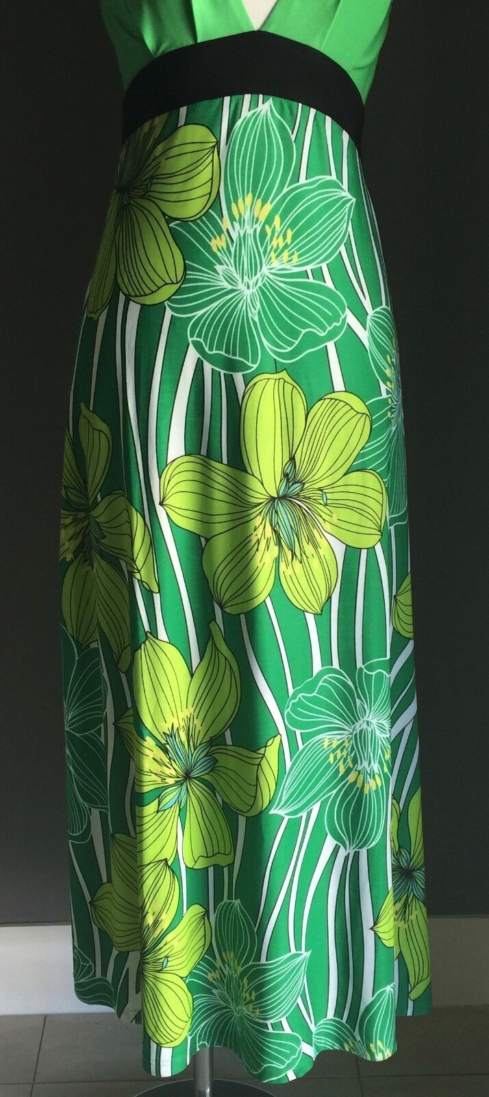 CKM Maxi Dress 1970s Style Green Floral Print Tie Back Long Size M 10