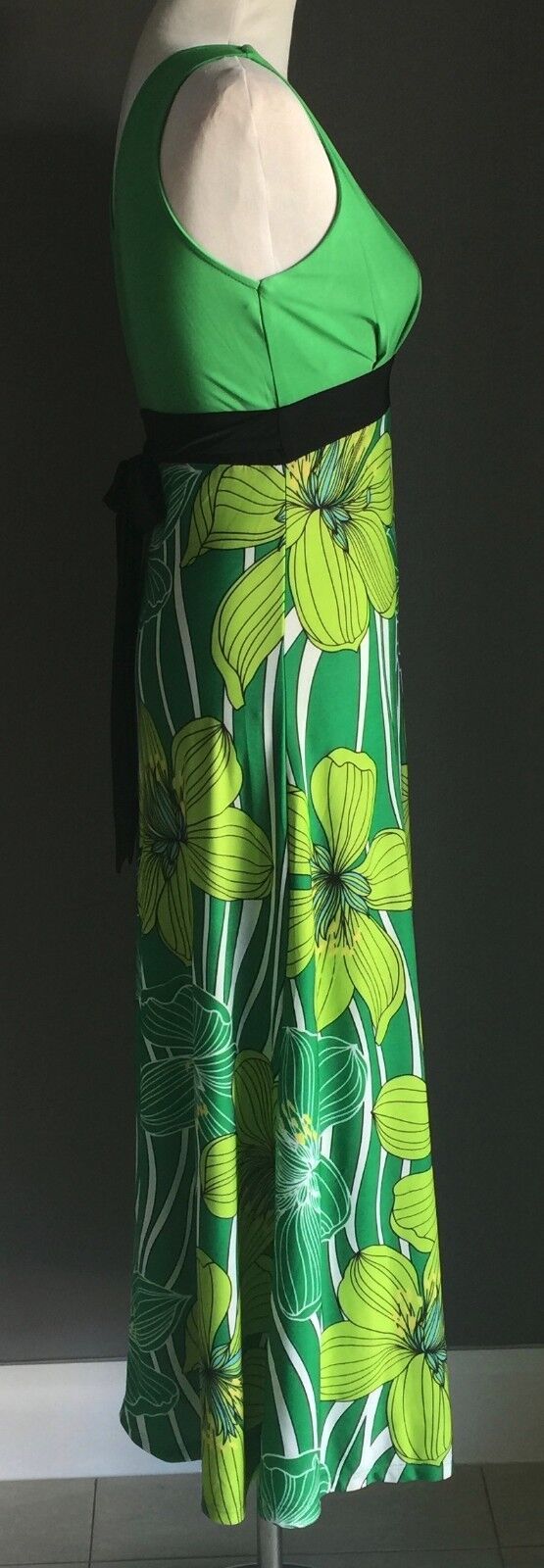 CKM Maxi Dress 1970s Style Green Floral Print Tie Back Long Size M 10