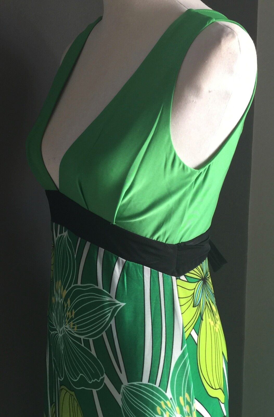 CKM Maxi Dress 1970s Style Green Floral Print Tie Back Long Size M 10