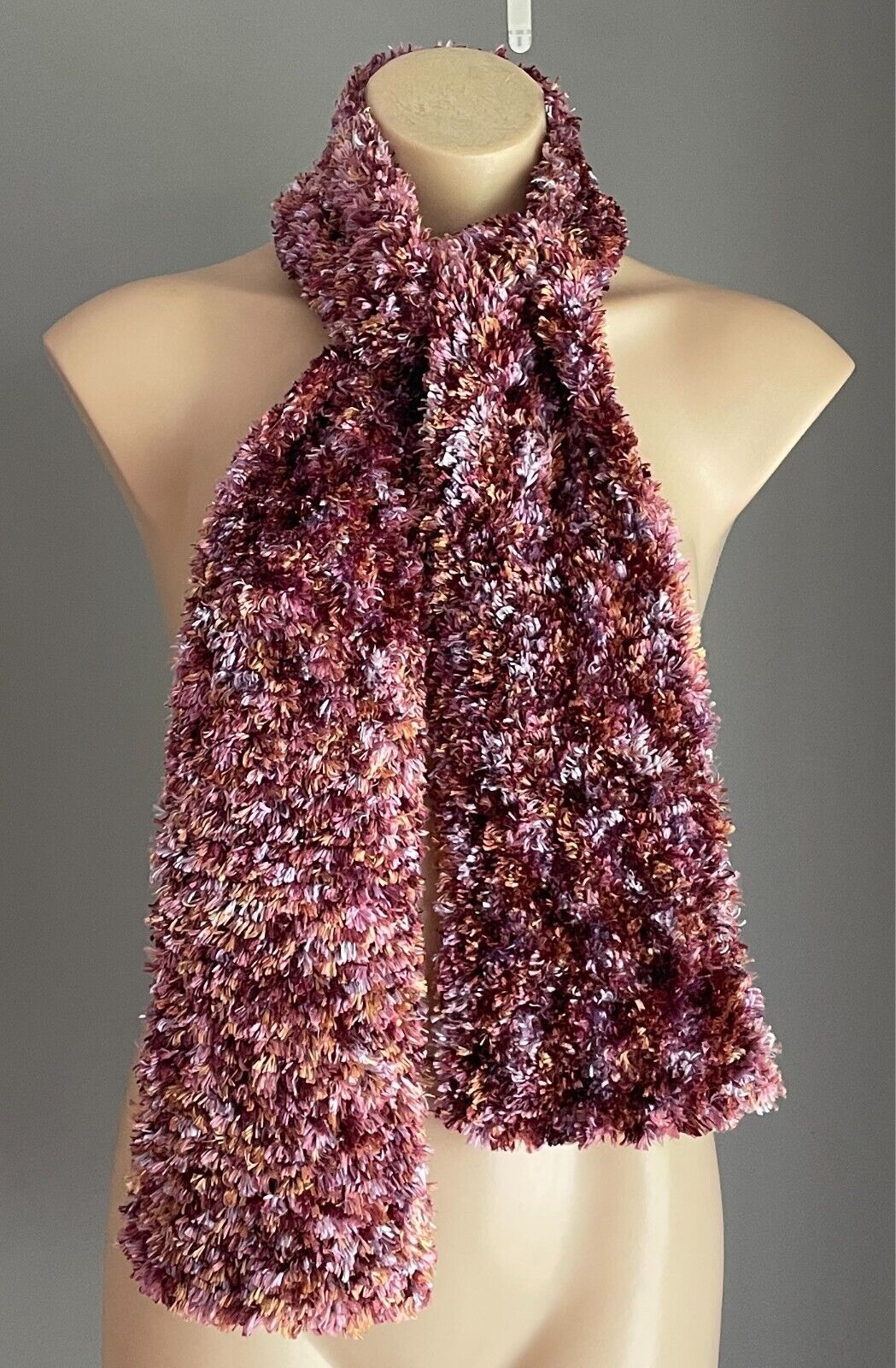 Eyelash Wool KNIT SCARF Handmade Shades of Purple Pink Maroon Amber Fluffy