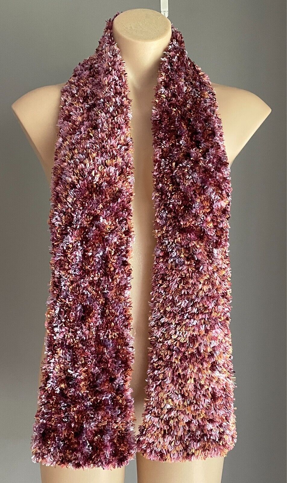 Eyelash Wool KNIT SCARF Handmade Shades of Purple Pink Maroon Amber Fluffy