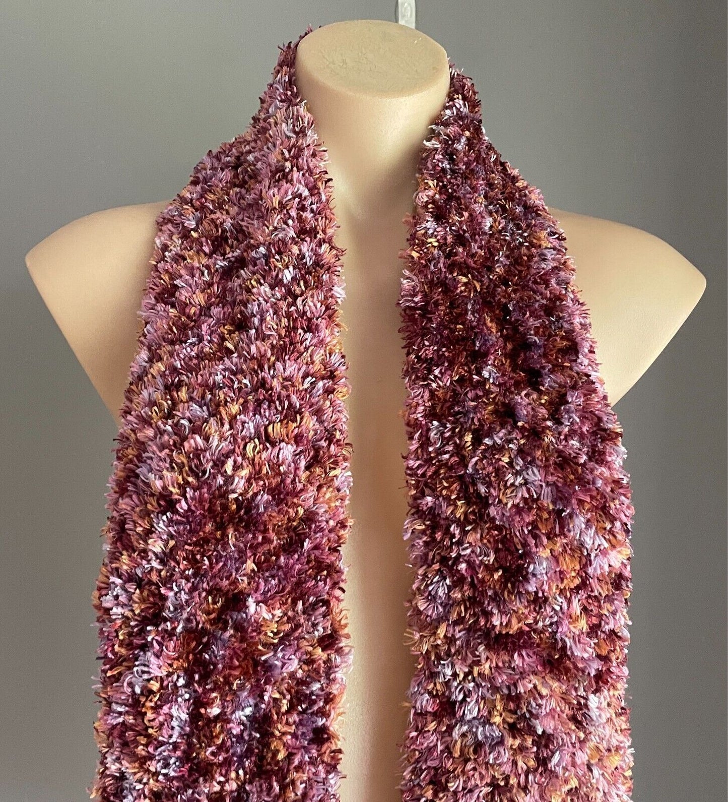 Eyelash Wool KNIT SCARF Handmade Shades of Purple Pink Maroon Amber Fluffy