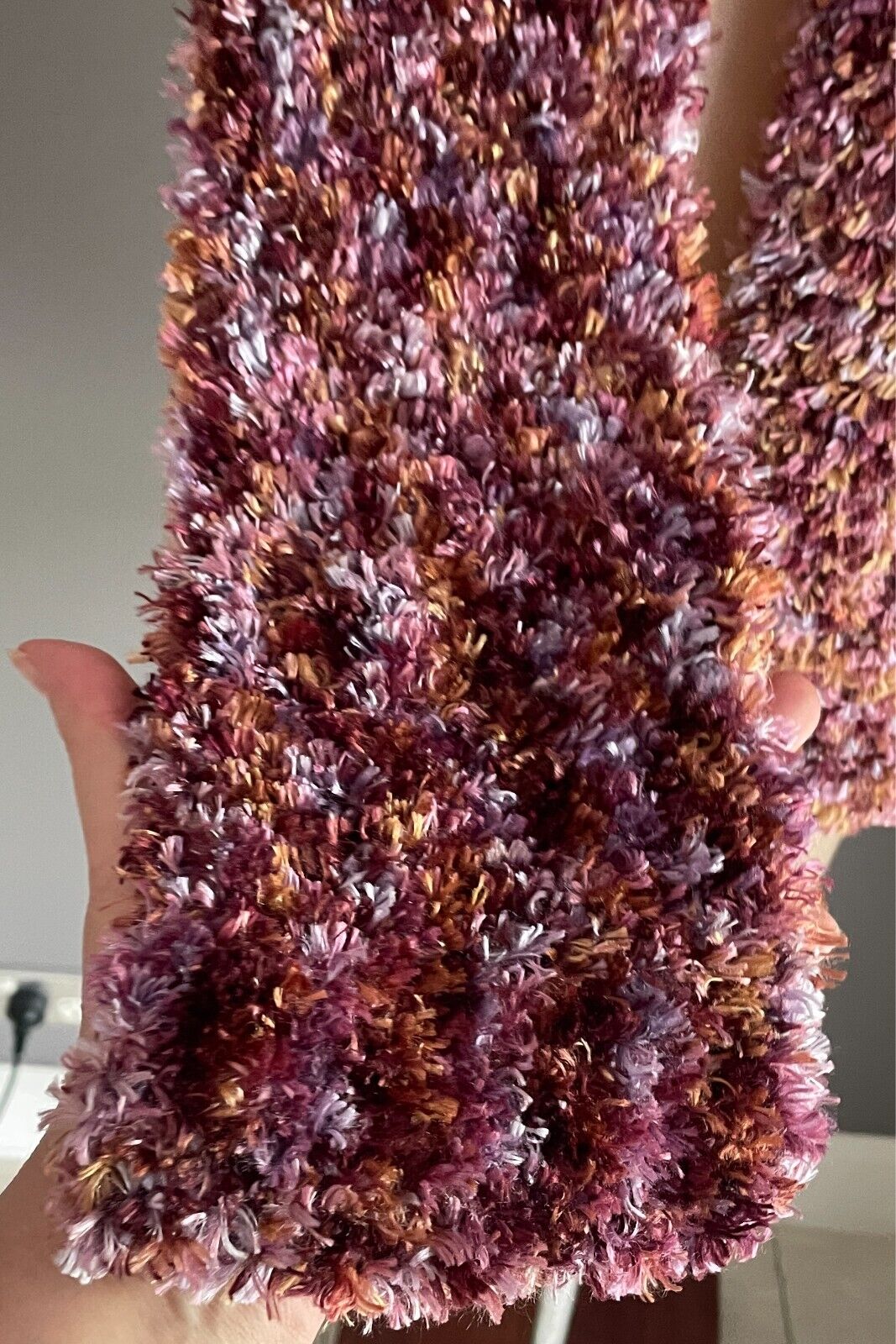 Eyelash Wool KNIT SCARF Handmade Shades of Purple Pink Maroon Amber Fluffy