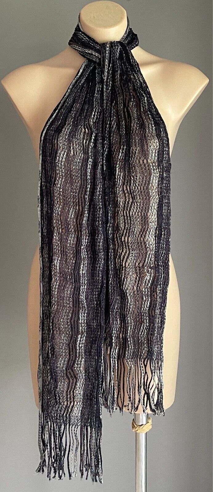 Neck SCARF Black, Grey & Silver Thread Zig Zag Pattern Rectangle Fringed Trim