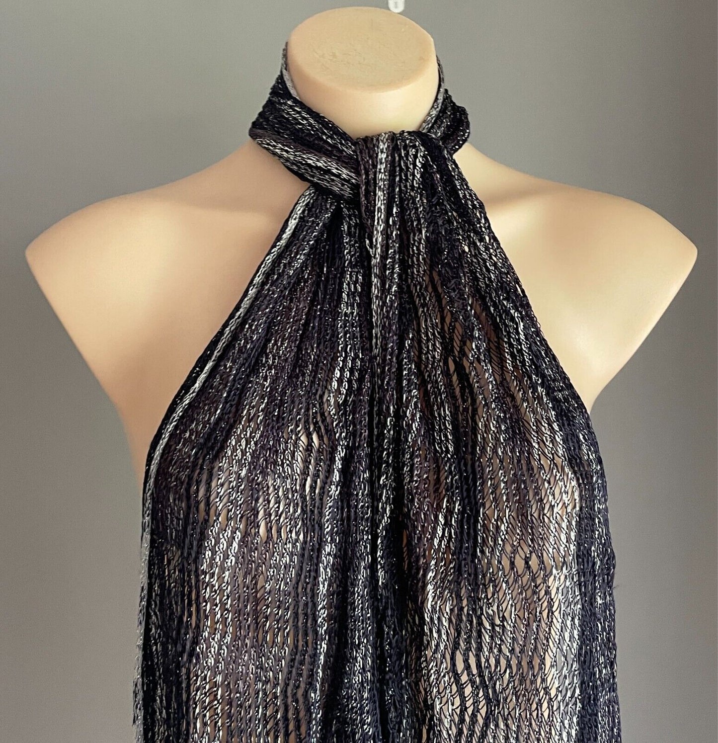 Neck SCARF Black, Grey & Silver Thread Zig Zag Pattern Rectangle Fringed Trim