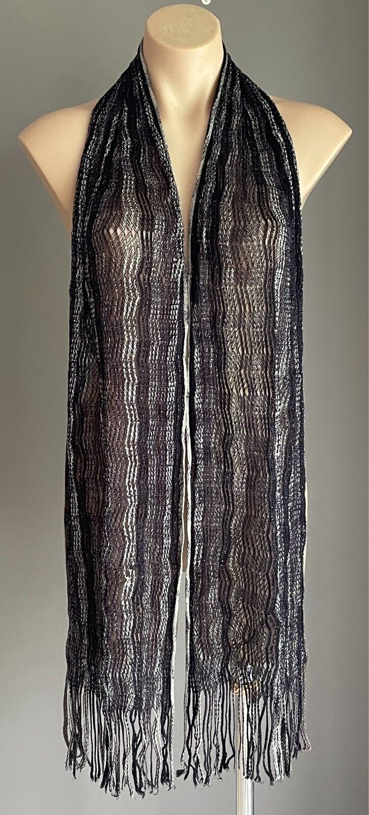 Neck SCARF Black, Grey & Silver Thread Zig Zag Pattern Rectangle Fringed Trim