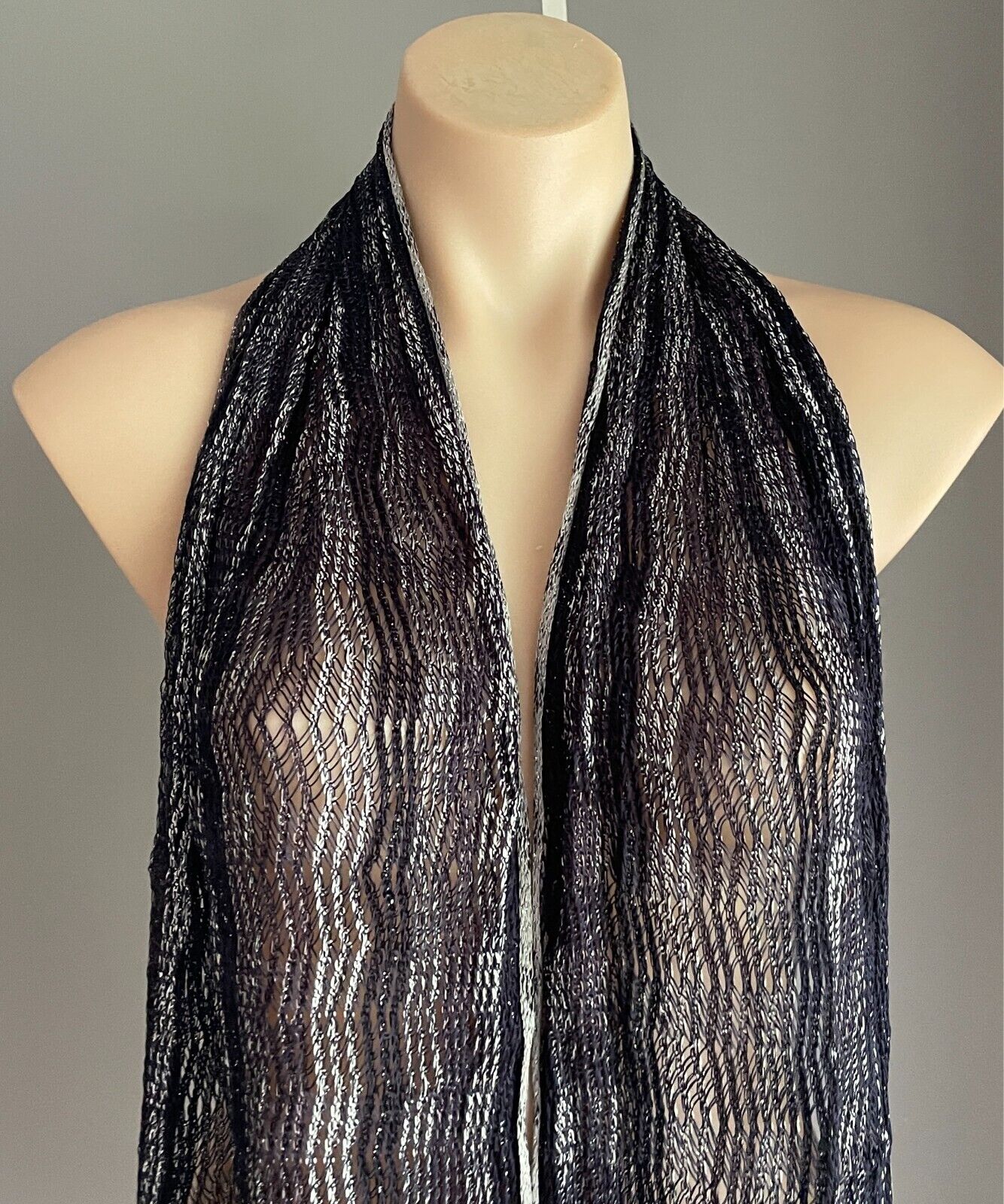 Neck SCARF Black, Grey & Silver Thread Zig Zag Pattern Rectangle Fringed Trim