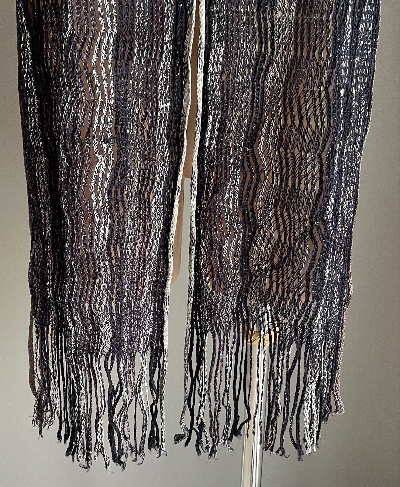 Neck SCARF Black, Grey & Silver Thread Zig Zag Pattern Rectangle Fringed Trim