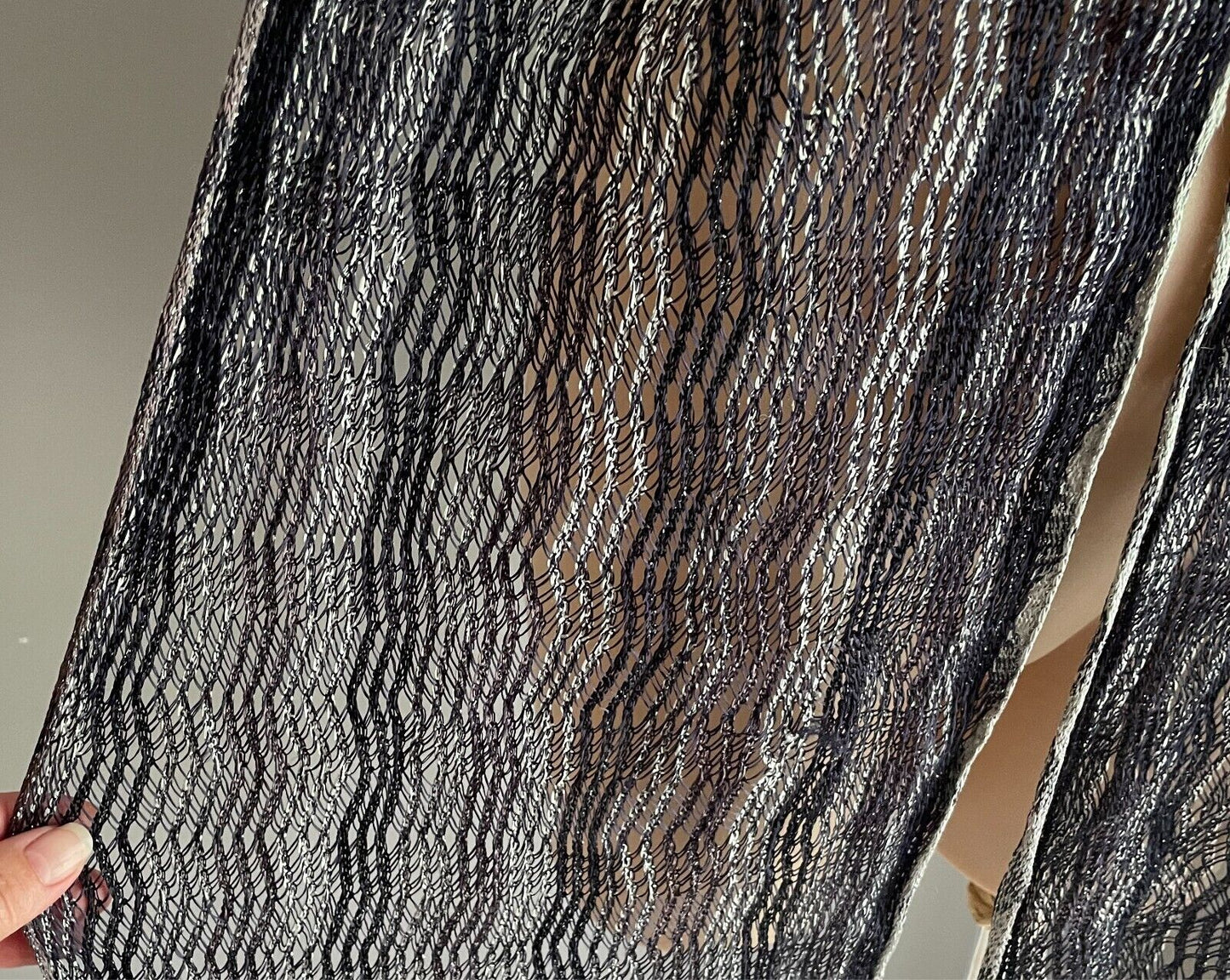Neck SCARF Black, Grey & Silver Thread Zig Zag Pattern Rectangle Fringed Trim