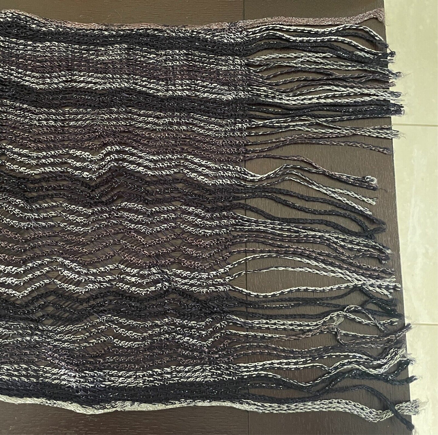 Neck SCARF Black, Grey & Silver Thread Zig Zag Pattern Rectangle Fringed Trim