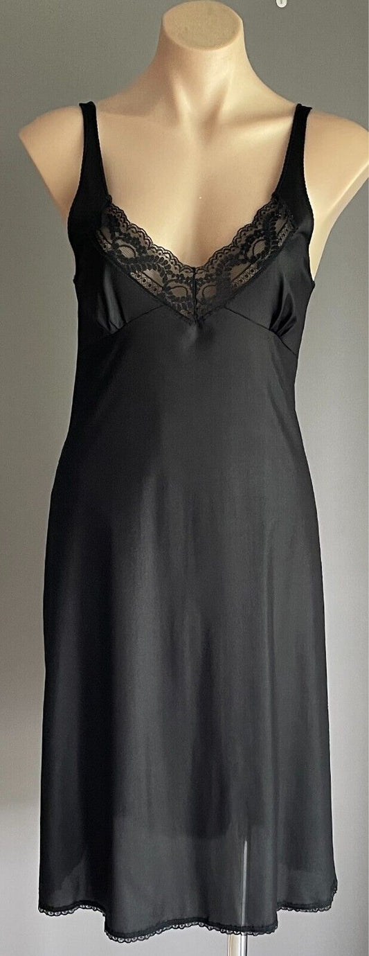 Petticoat Black Nylon Full Slip Lace Trim Size 12 Vintage Unworn