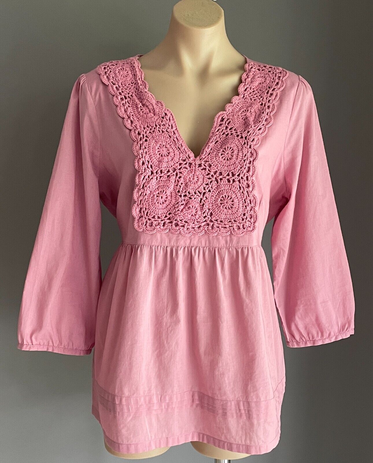 KATIES Blouse Dusty Pink Tie Back Knit Trim Peasant Style Size 16 Cotton Top