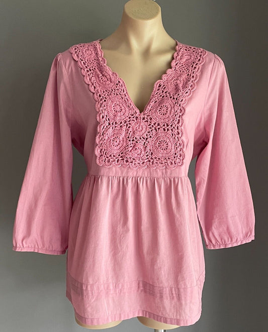 KATIES Blouse Dusty Pink Tie Back Knit Trim Peasant Style Size 16 Cotton Top