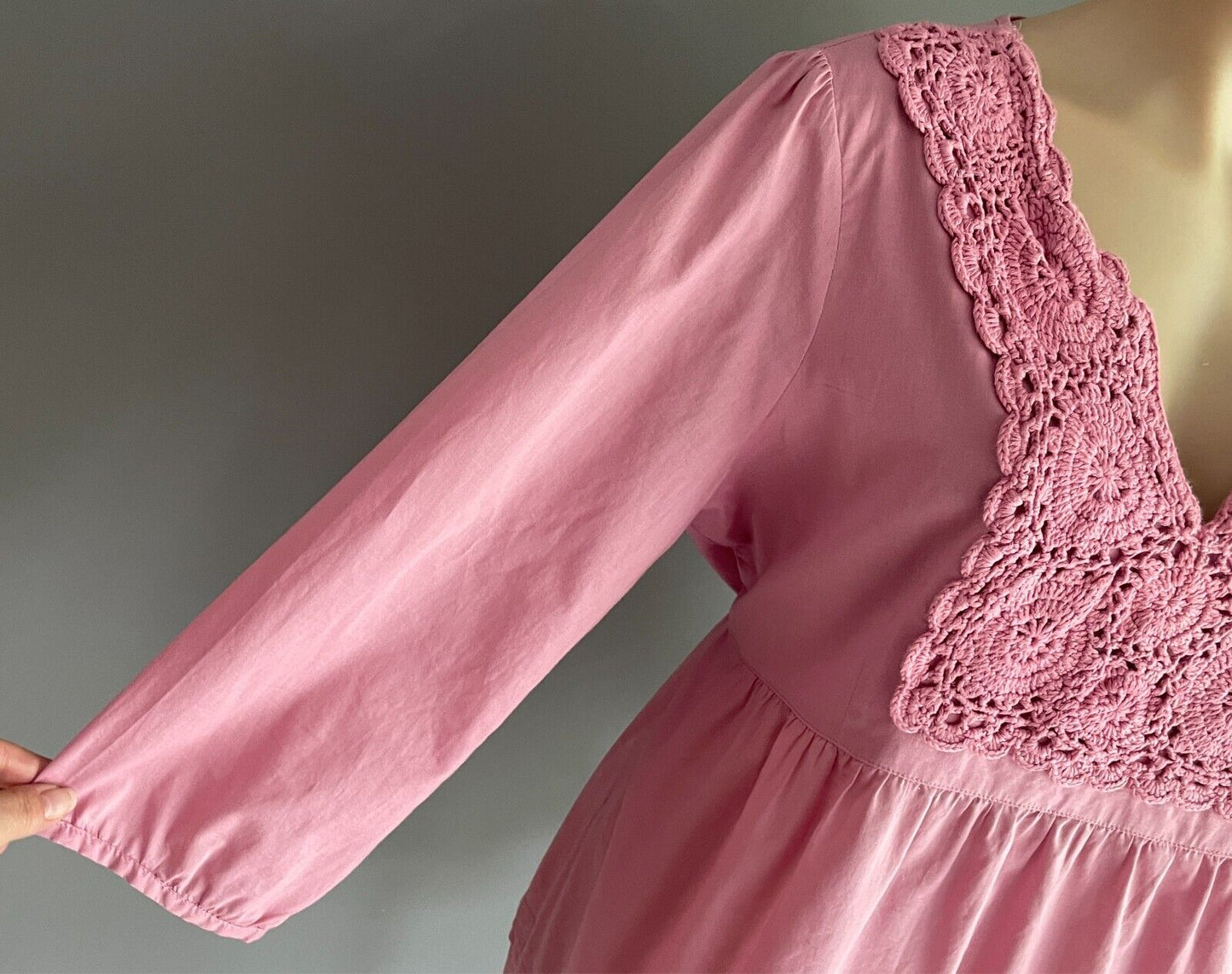 KATIES Blouse Dusty Pink Tie Back Knit Trim Peasant Style Size 16 Cotton Top