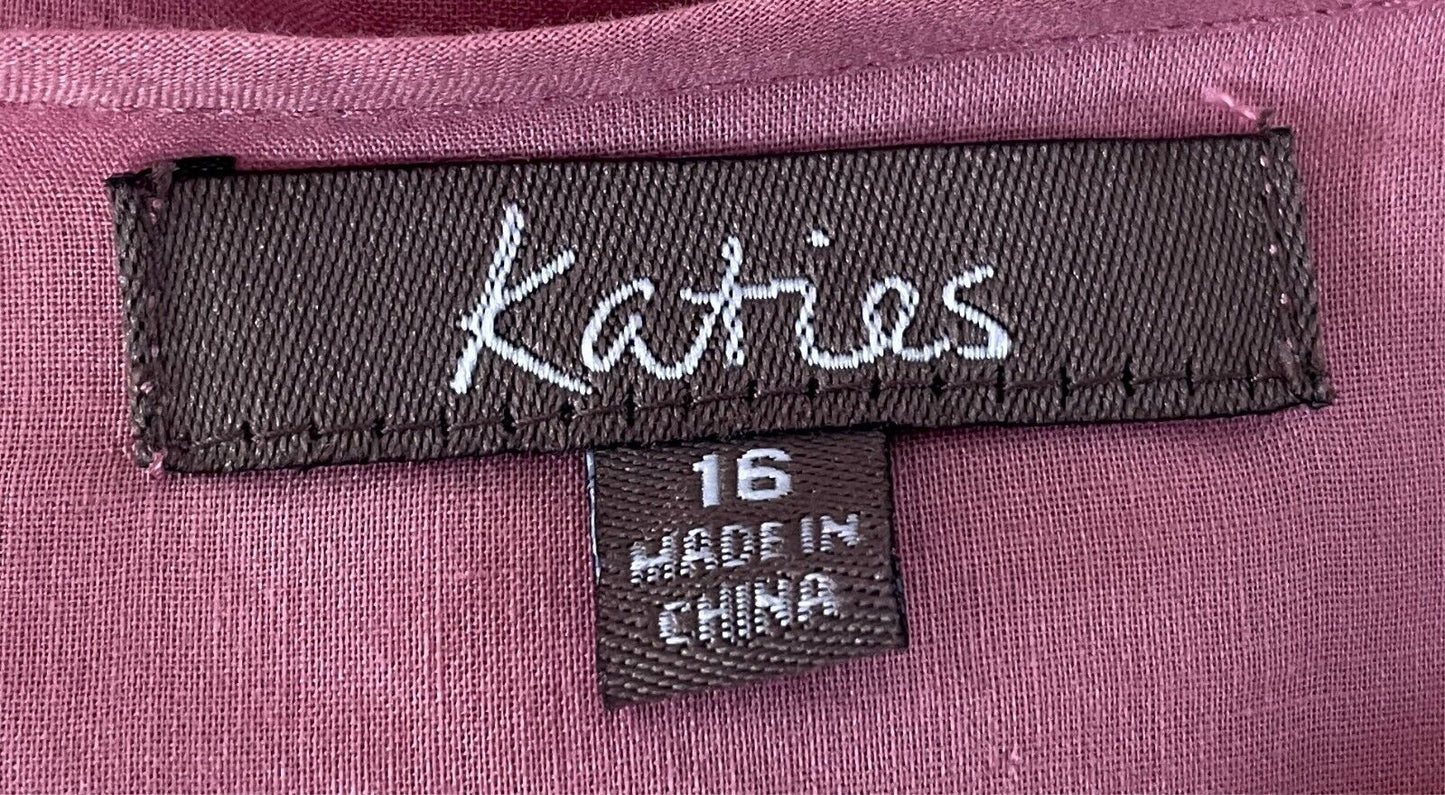 KATIES Blouse Dusty Pink Tie Back Knit Trim Peasant Style Size 16 Cotton Top