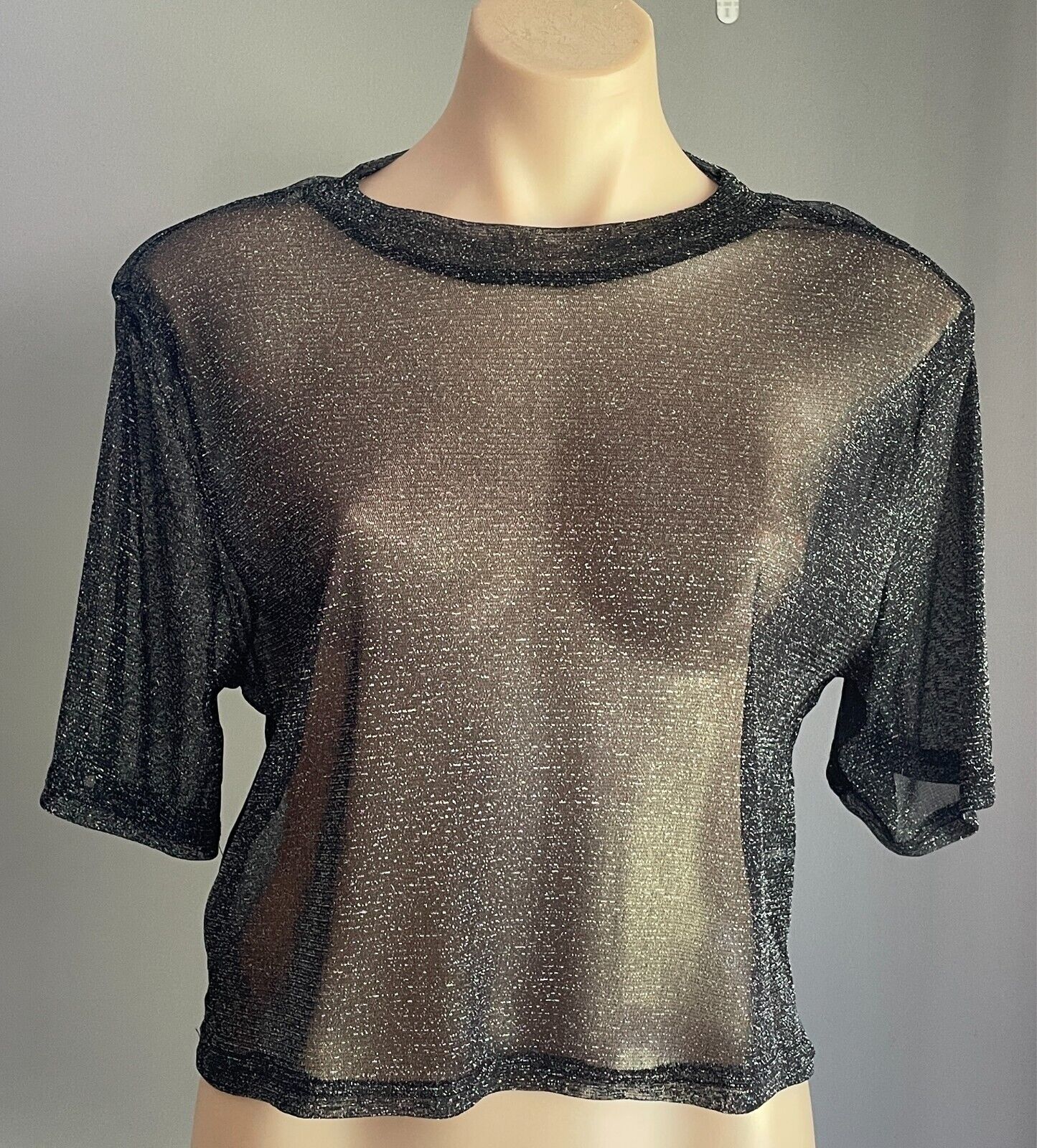 SHEIN Black & Silver Glitter Crop Top Size XL Short Sleeve Semi Sheer Stretch