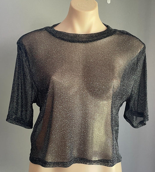 SHEIN Black & Silver Glitter Crop Top Size XL Short Sleeve Semi Sheer Stretch