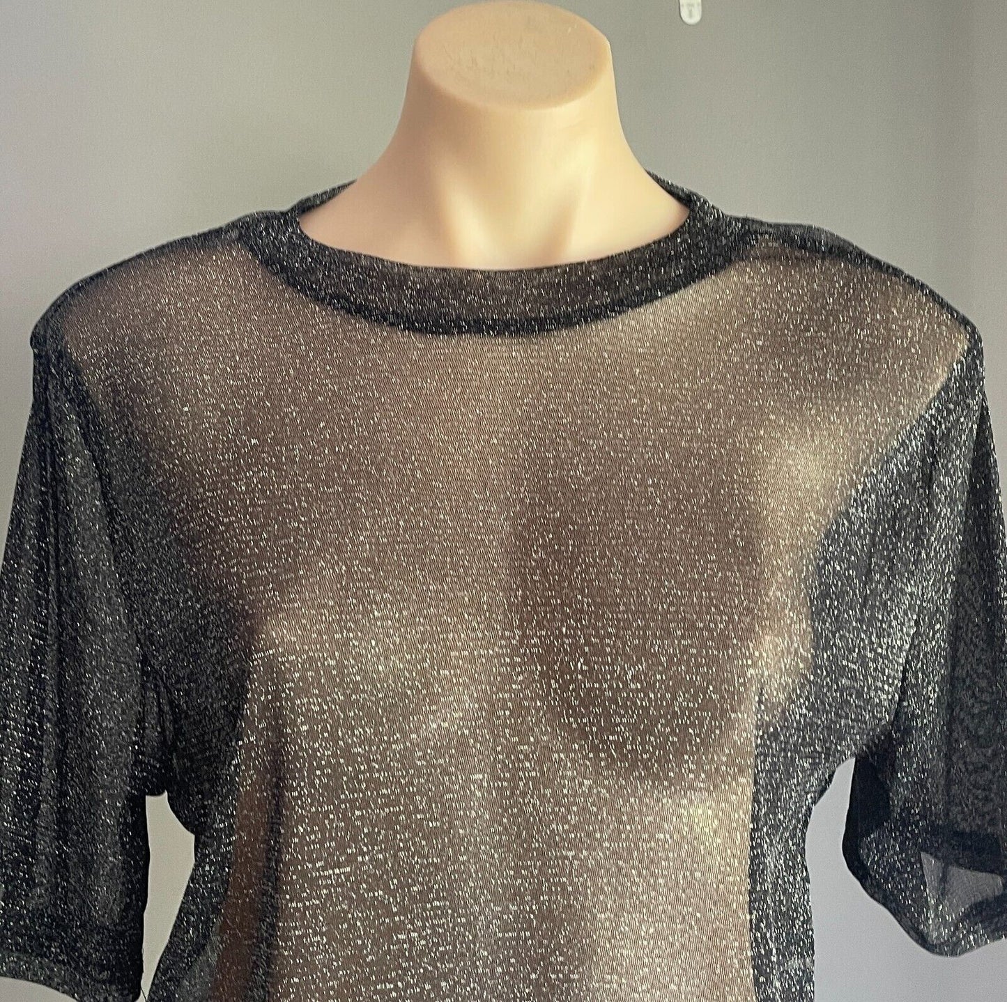 SHEIN Black & Silver Glitter Crop Top Size XL Short Sleeve Semi Sheer Stretch