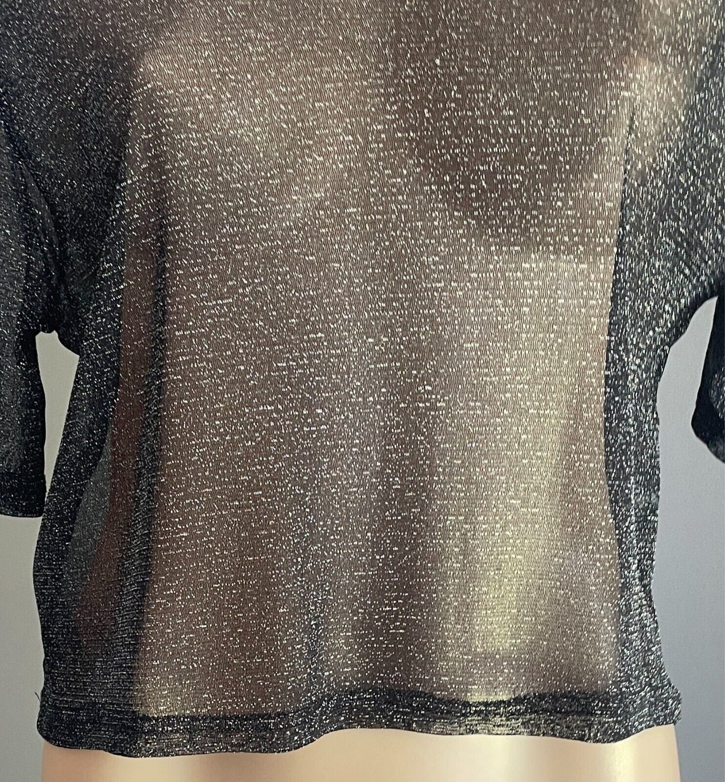 SHEIN Black & Silver Glitter Crop Top Size XL Short Sleeve Semi Sheer Stretch