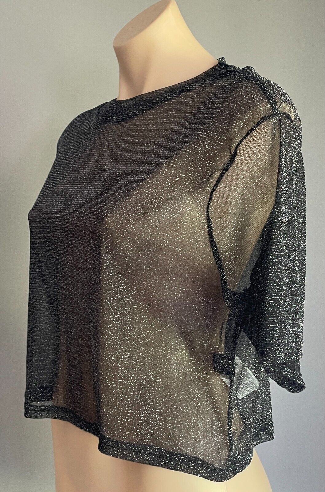 SHEIN Black & Silver Glitter Crop Top Size XL Short Sleeve Semi Sheer Stretch