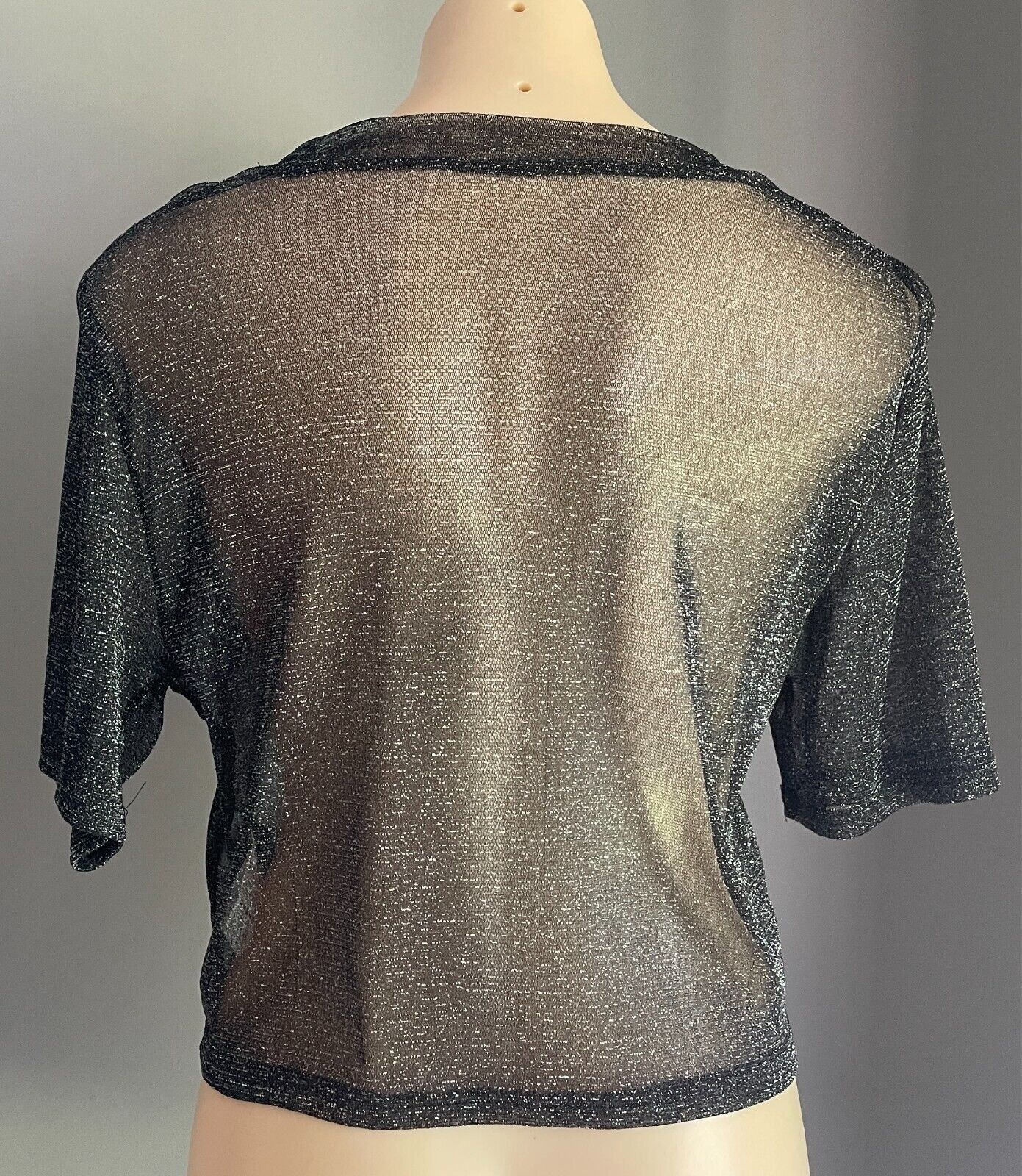 SHEIN Black & Silver Glitter Crop Top Size XL Short Sleeve Semi Sheer Stretch