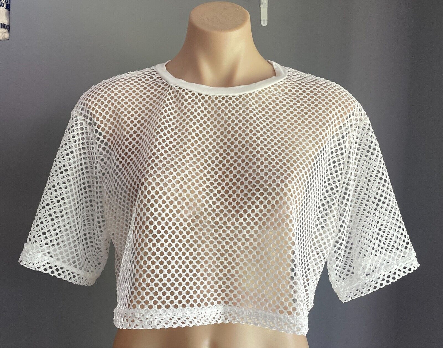 SHEIN Crop Top White Fish Net Short Sleeve Mesh  Size XL NEW