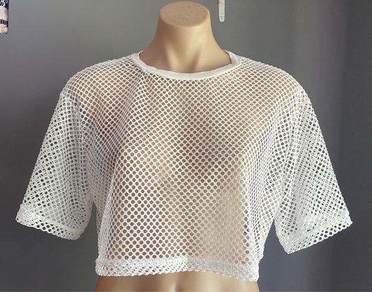 SHEIN Crop Top White Fish Net Short Sleeve Mesh  Size XL NEW