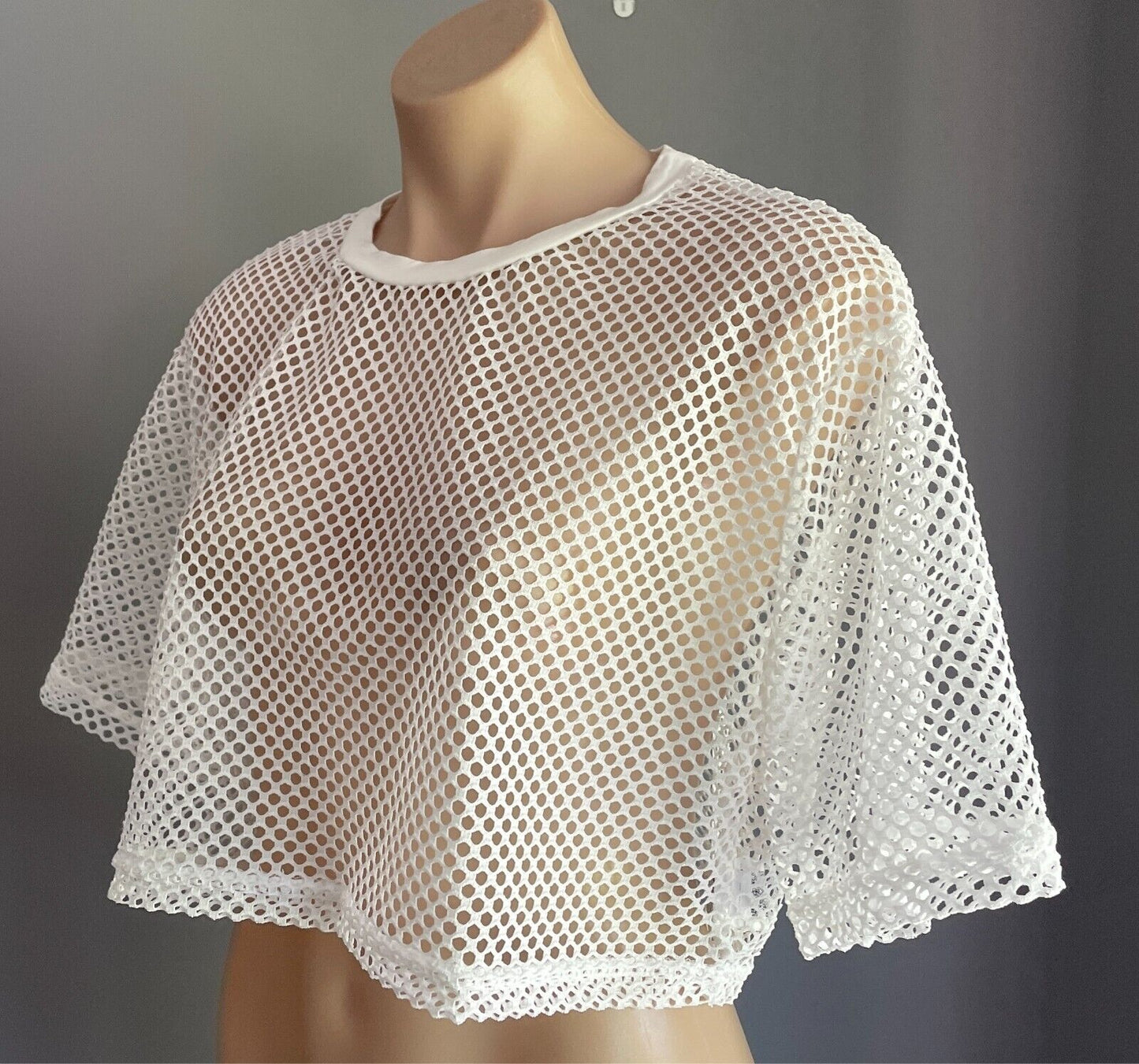 SHEIN Crop Top White Fish Net Short Sleeve Mesh  Size XL NEW
