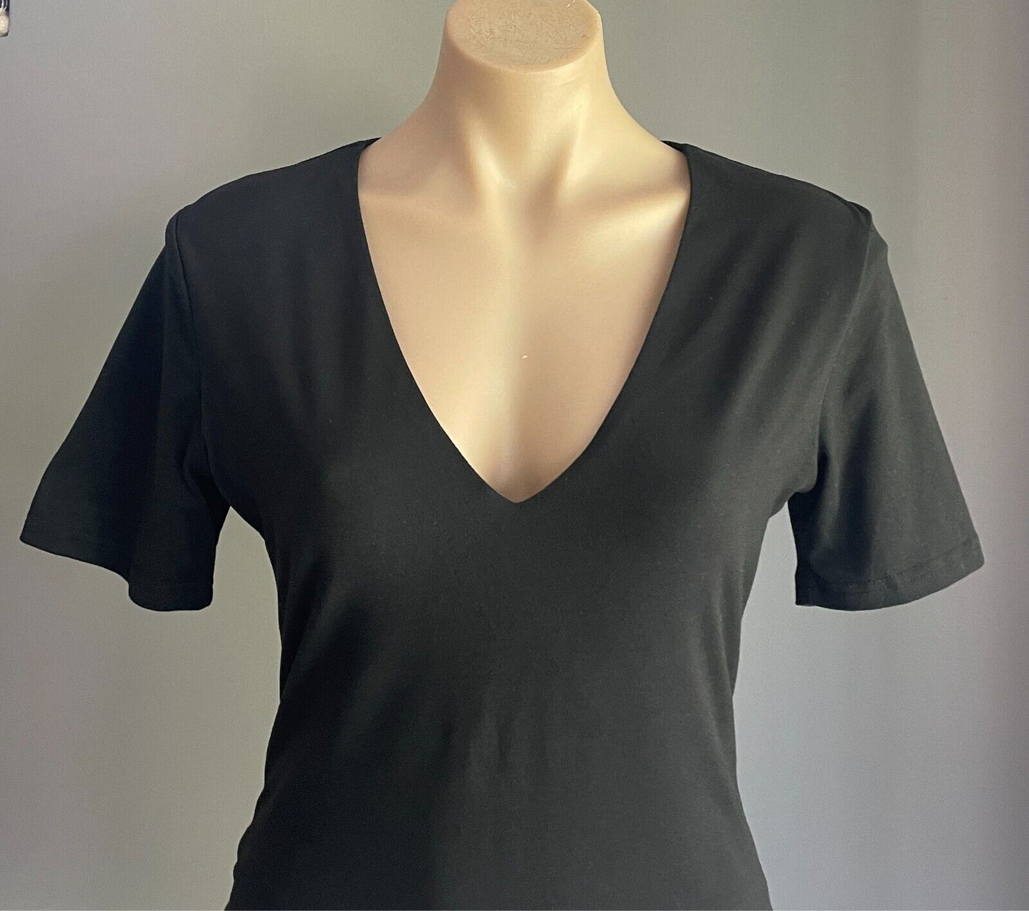 ATMOS & HERE Black Bodysuit Size 12 Short Sleeve V-Neck Stretch Fabric Thong Cut