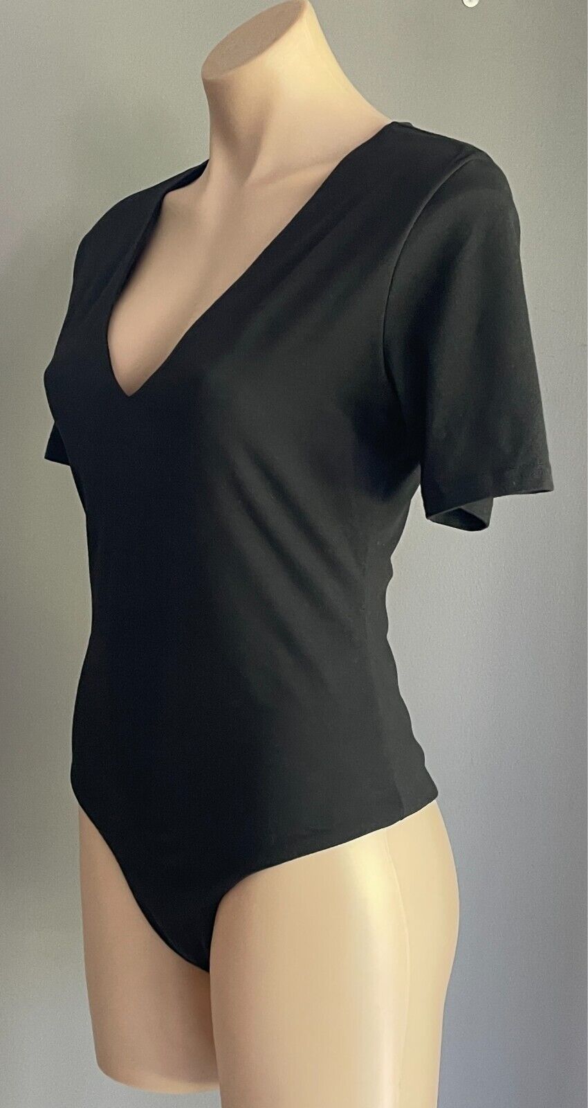 ATMOS & HERE Black Bodysuit Size 12 Short Sleeve V-Neck Stretch Fabric Thong Cut