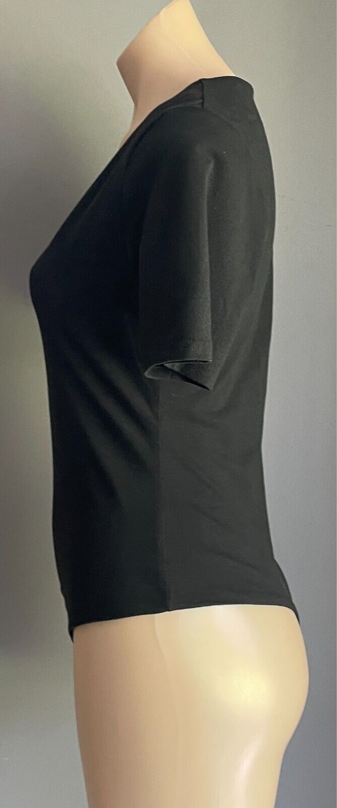 ATMOS & HERE Black Bodysuit Size 12 Short Sleeve V-Neck Stretch Fabric Thong Cut
