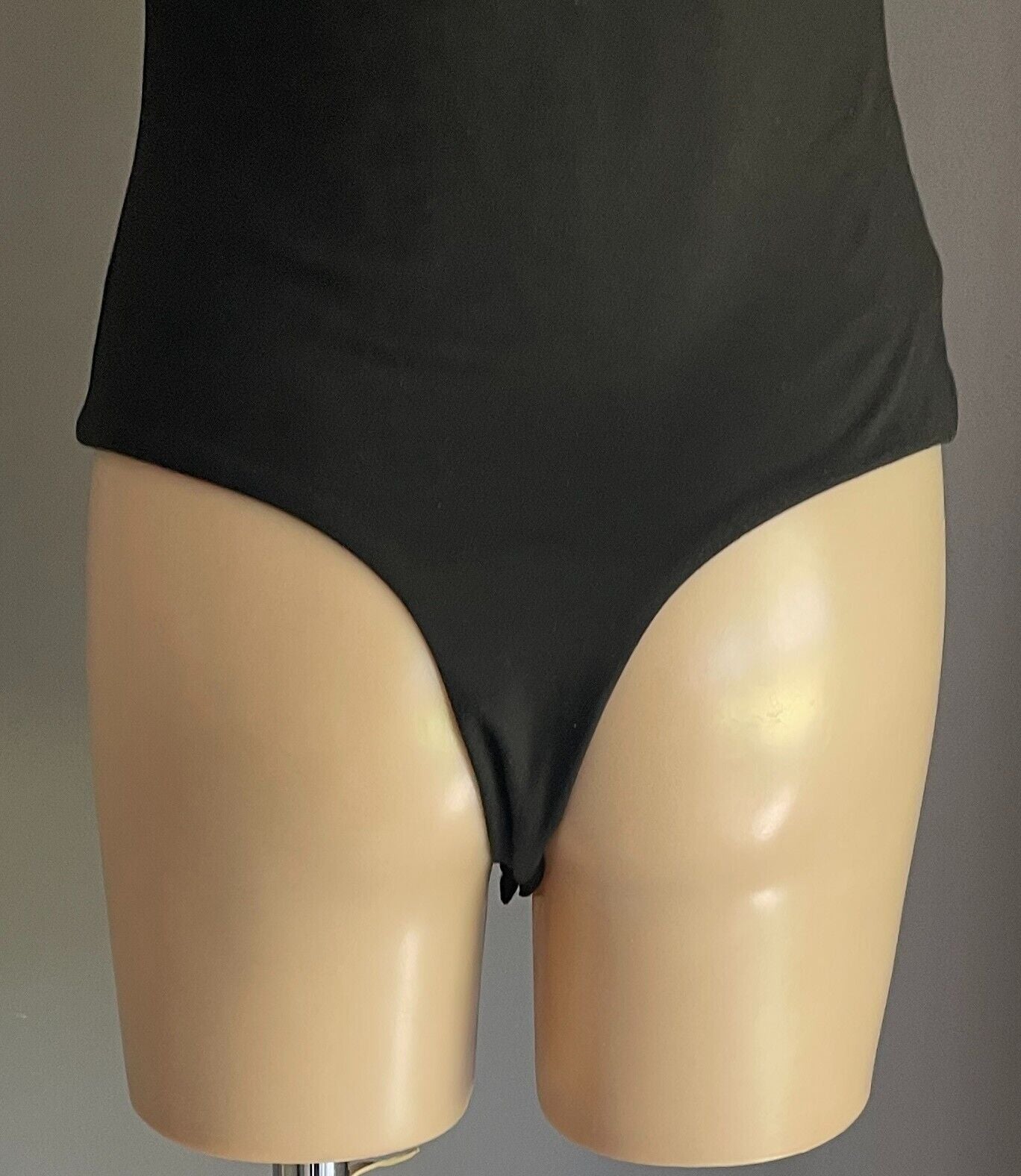 ATMOS & HERE Black Bodysuit Size 12 Short Sleeve V-Neck Stretch Fabric Thong Cut