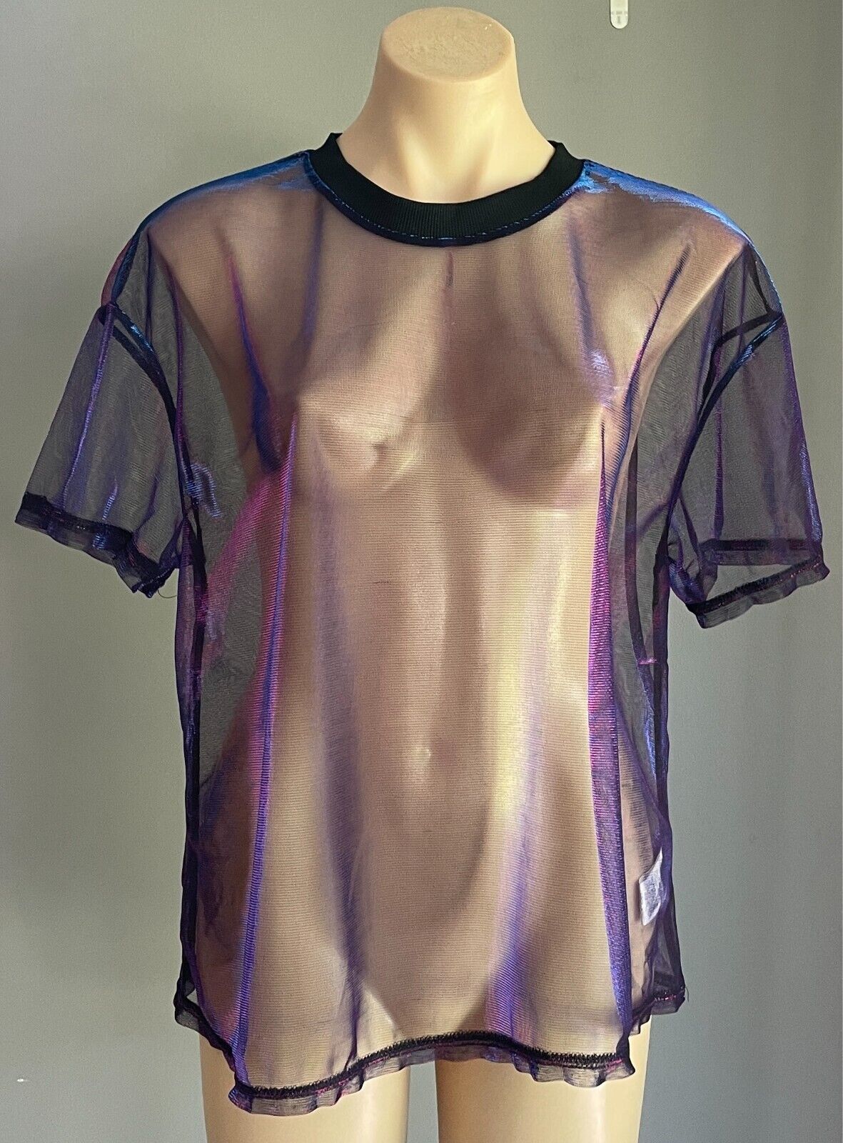 SHEIN Aqua Blue Magenta Iridescent Shimmer Short Sleeve Top Sheer Fabric Size L
