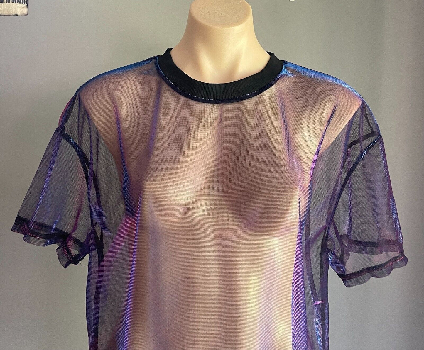SHEIN Aqua Blue Magenta Iridescent Shimmer Short Sleeve Top Sheer Fabric Size L