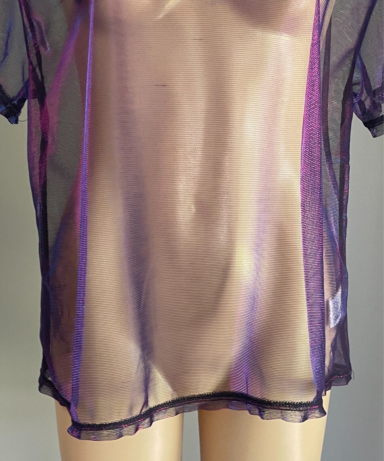 SHEIN Aqua Blue Magenta Iridescent Shimmer Short Sleeve Top Sheer Fabric Size L