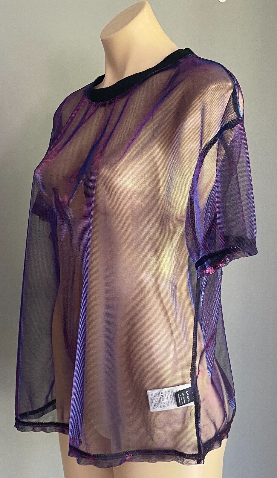 SHEIN Aqua Blue Magenta Iridescent Shimmer Short Sleeve Top Sheer Fabric Size L