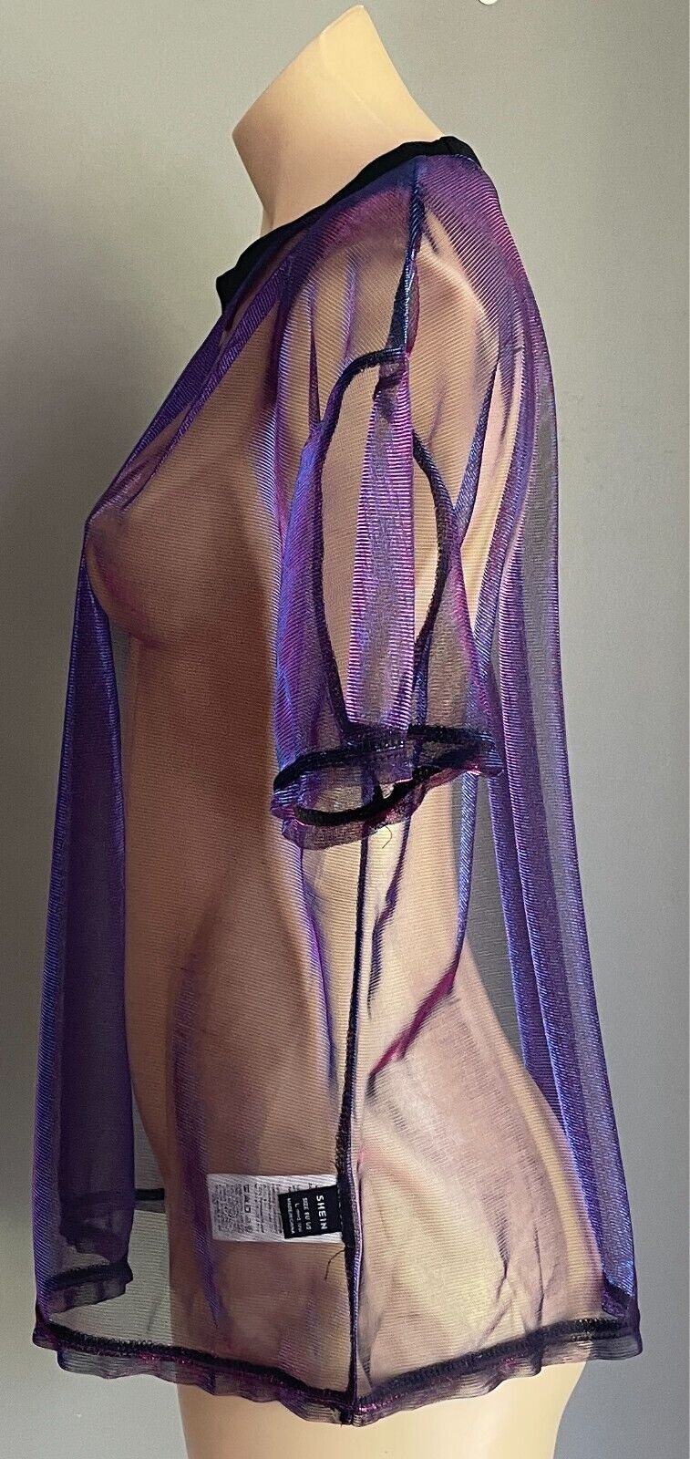 SHEIN Aqua Blue Magenta Iridescent Shimmer Short Sleeve Top Sheer Fabric Size L