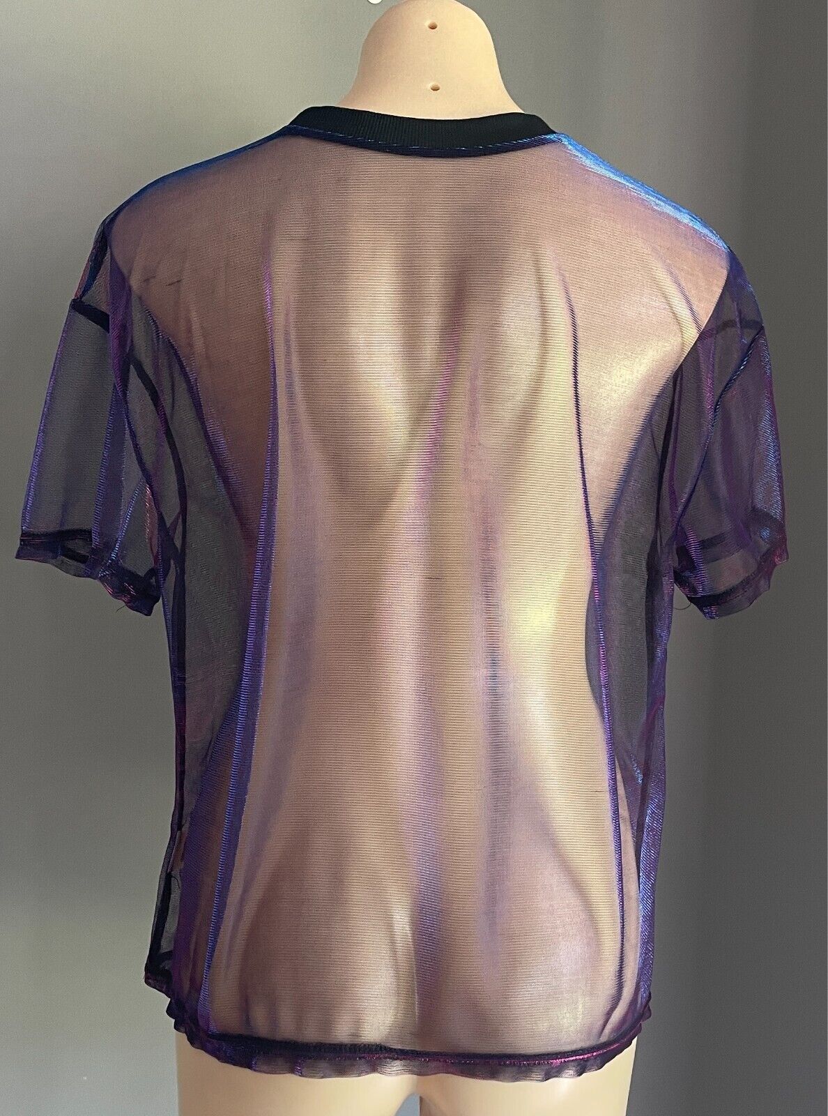 SHEIN Aqua Blue Magenta Iridescent Shimmer Short Sleeve Top Sheer Fabric Size L