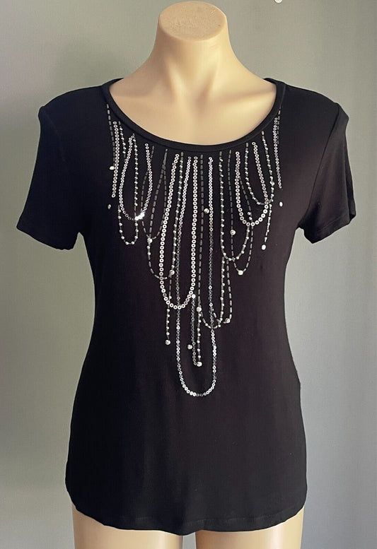 OLIVIA LAUREN Black T-Shirt Chain Print Stud Sequin Top Size 90 Chest 94cm 12