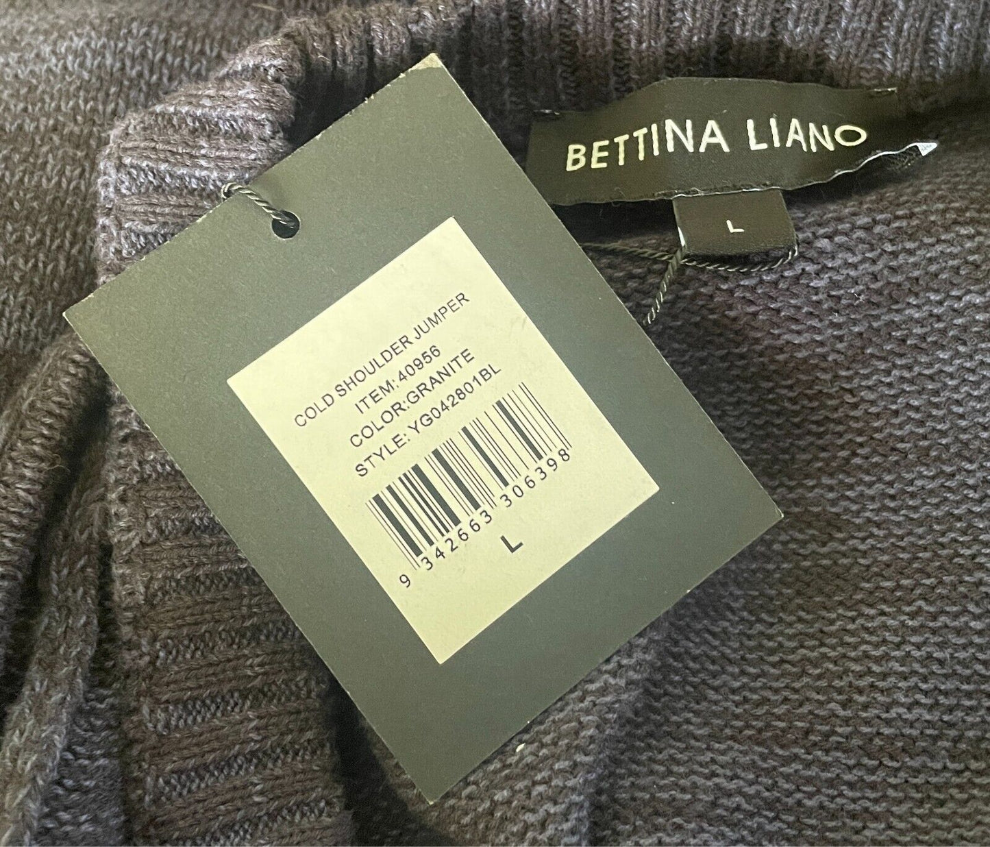 BETTINA LIANO Cold Shoulder Knit Jumper Size L Blue Black Marl Knit - NWT!
