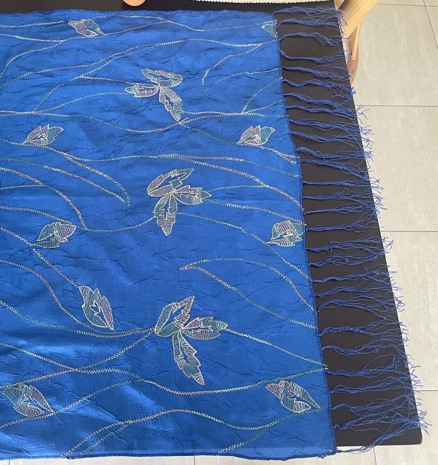 Neck SCARF Blue Wrinkle Fabric Leaf & Decorative Stitching Rectangle Fringe