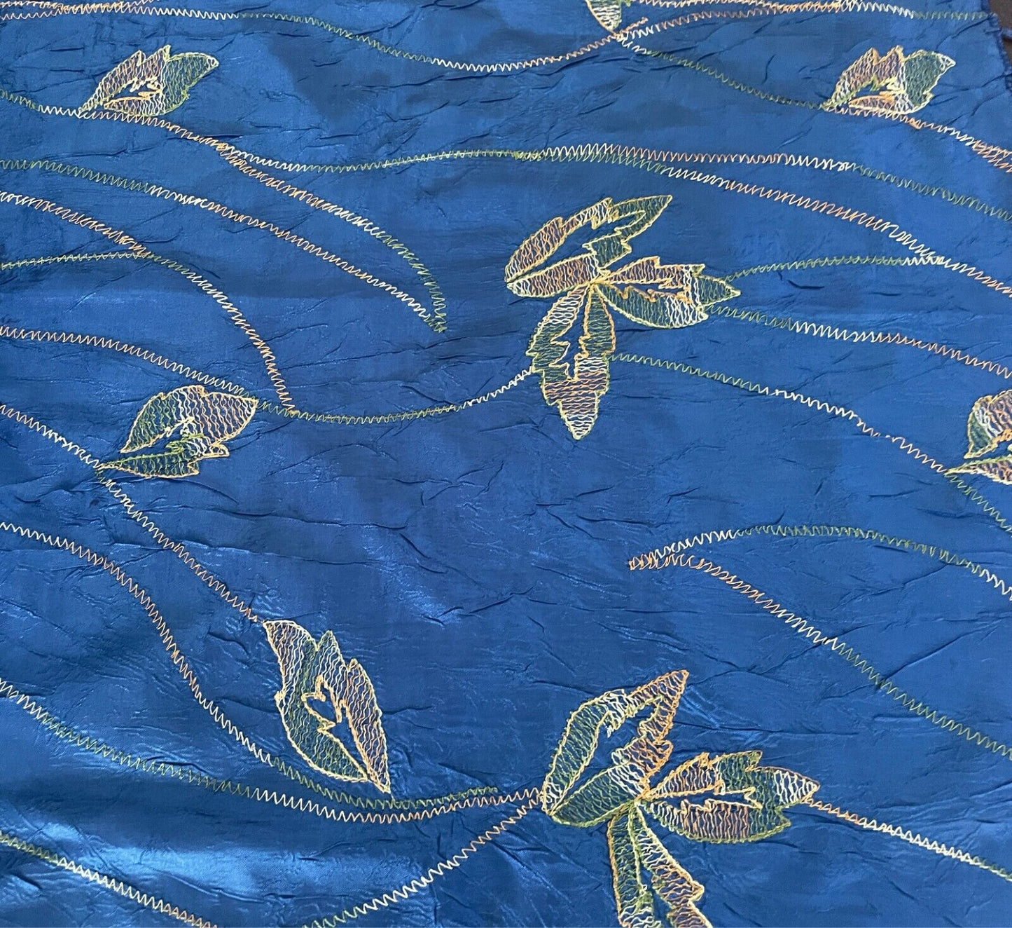 Neck SCARF Blue Wrinkle Fabric Leaf & Decorative Stitching Rectangle Fringe