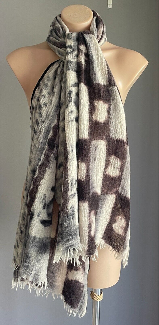 Wool Neck SCARF Brown Black Grey Off White Rectangle Fringe Velour Edge 66x200cm
